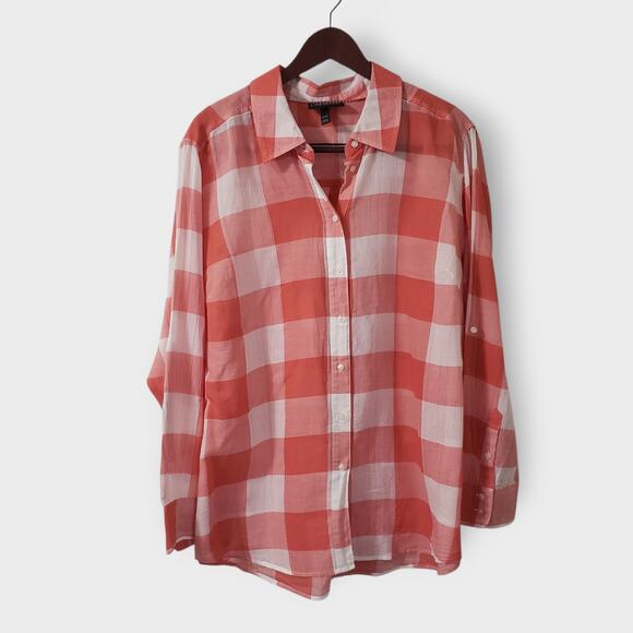 Lane Bryant Orange White Gingham Check Plaid Button Up Shirt Sz 22/24 Roll Tab - Picture 1 of 13